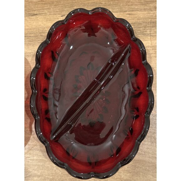 2- Vintage Ruby Glass Fairfield Anchor Hocking Divided Relish Nuts Candy Dishes - Picture 2 of 4